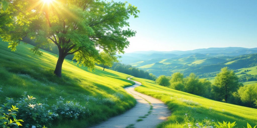 Scenic path through green landscape towards financial freedom.