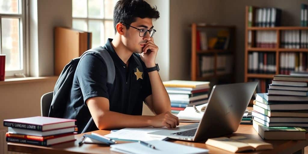 College student researching loan options at a desk.