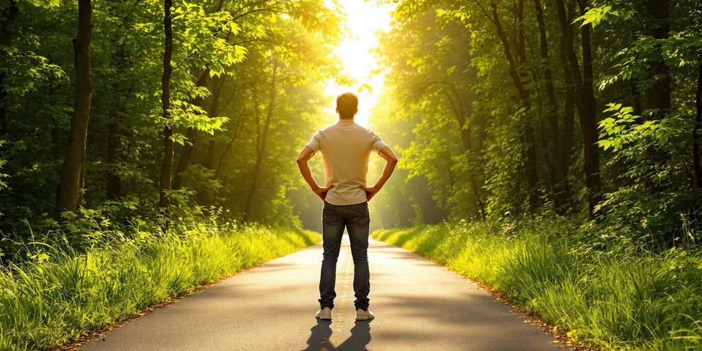 Person on a path looking toward a bright horizon.