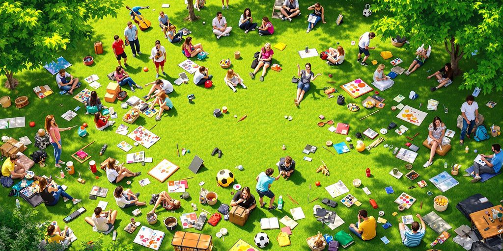 People enjoying different hobbies in a sunny park.