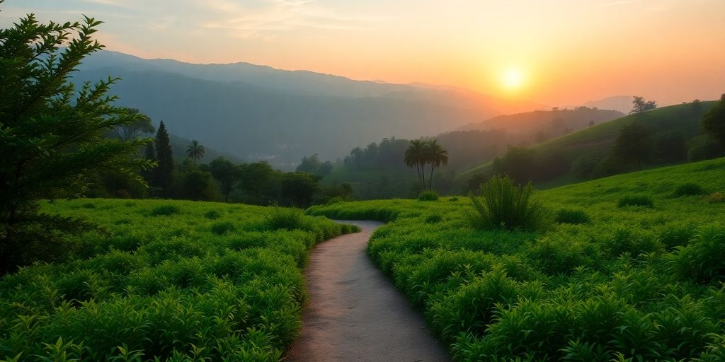 Winding path through greenery with a sunrise backdrop.