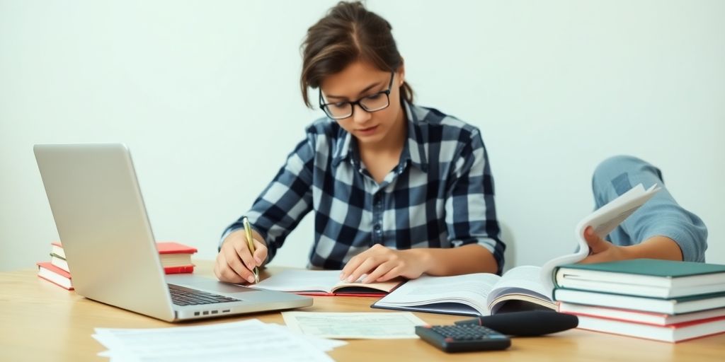 College student studying with financial documents at desk.