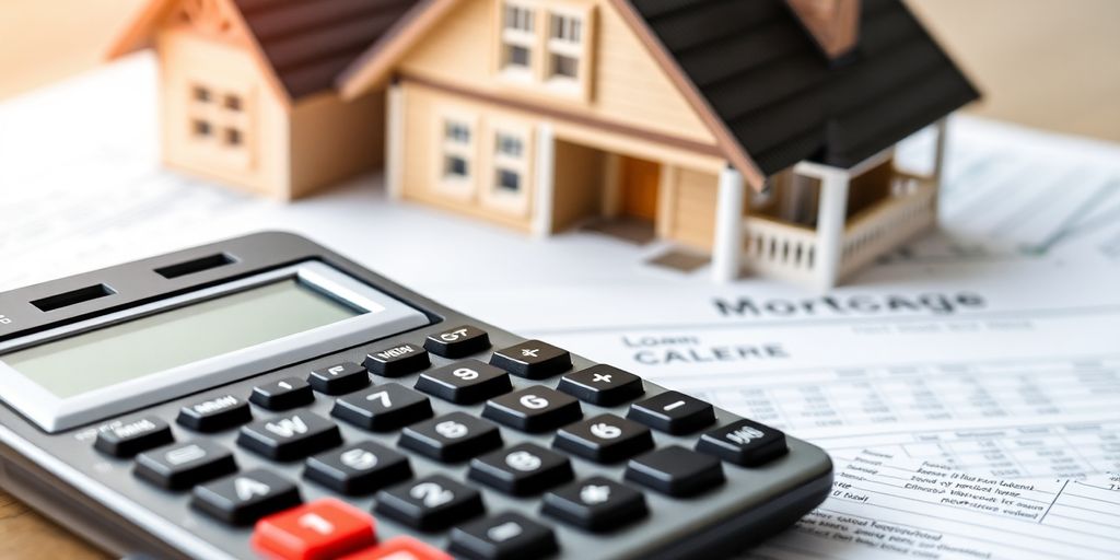 Calculator and mortgage documents on a desk with a house.