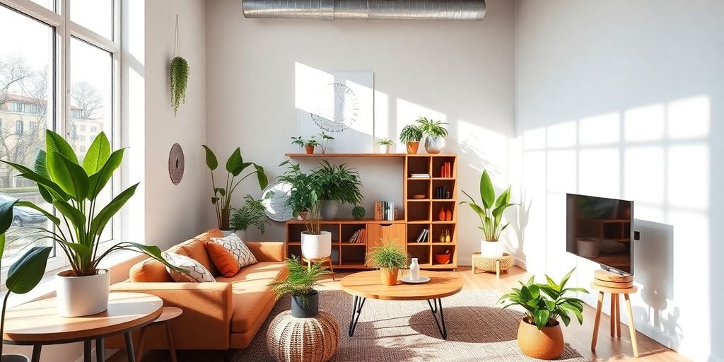 Cozy living space with plants and natural light.
