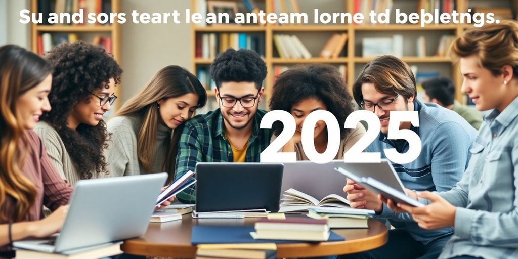 Group of students studying with laptops and books.