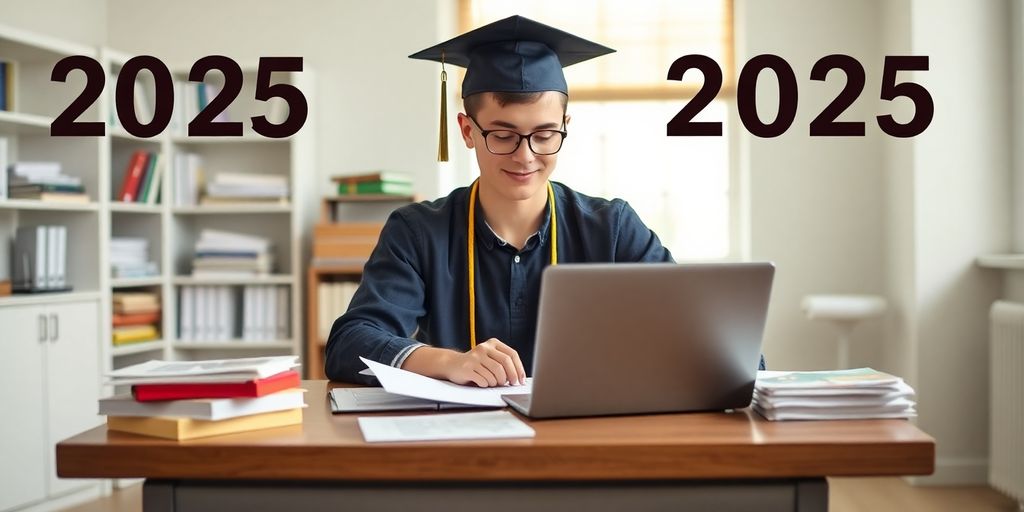 Young graduate managing finances at a desk.