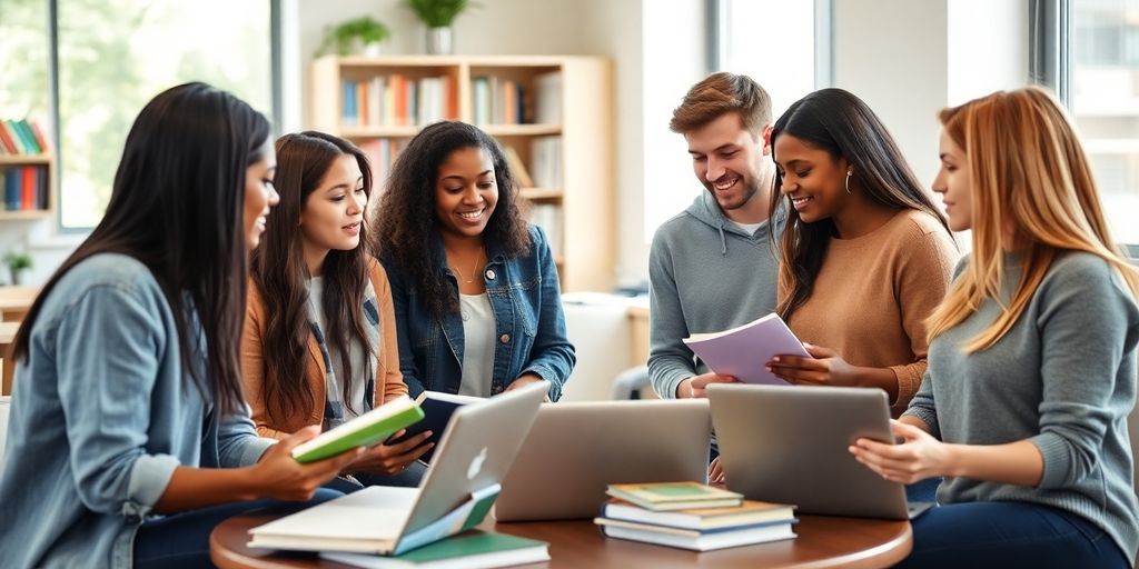 Group of young adults discussing student loan options together.