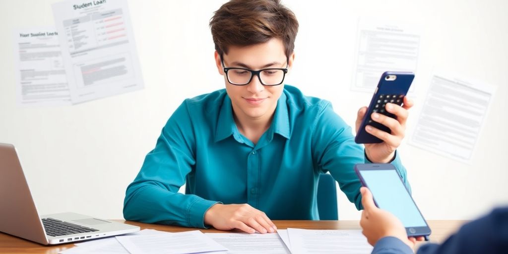 Student researching loan repayment information at a desk.