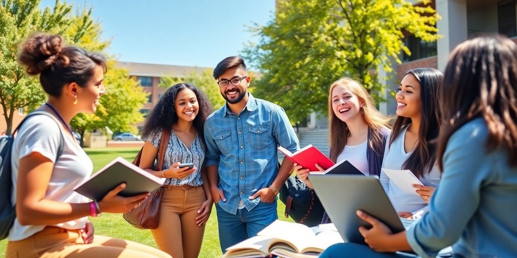 Group of students discussing loans outdoors on campus.