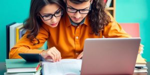 Student studying with books and calculator for loan repayment.