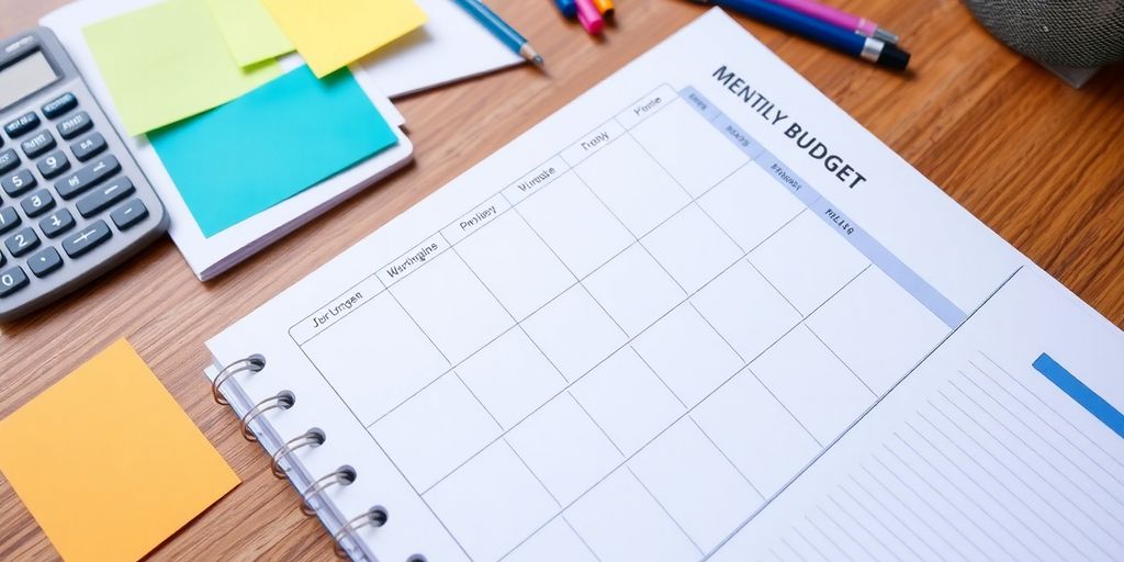 Colorful budget planner and calculator on wooden desk.