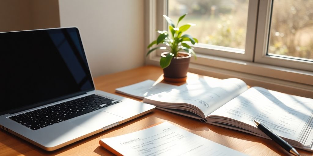 A workspace with a laptop, books, and a notepad.