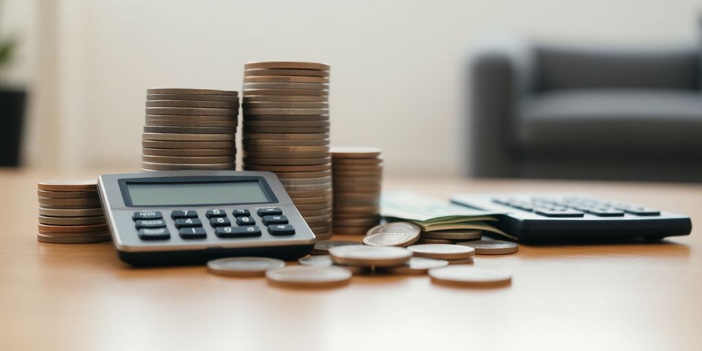 Coins, bills, and a calculator on a wooden table.