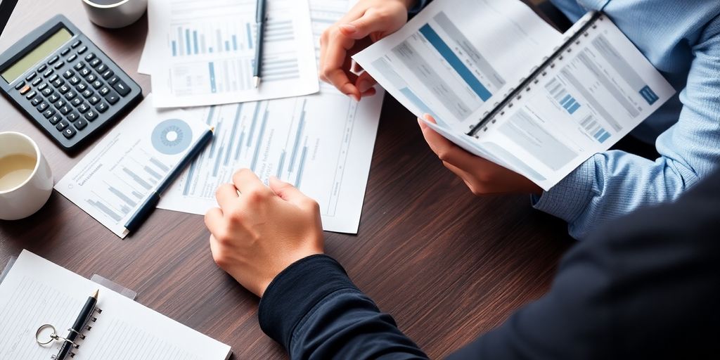 Person planning finances with documents and calculator on desk.