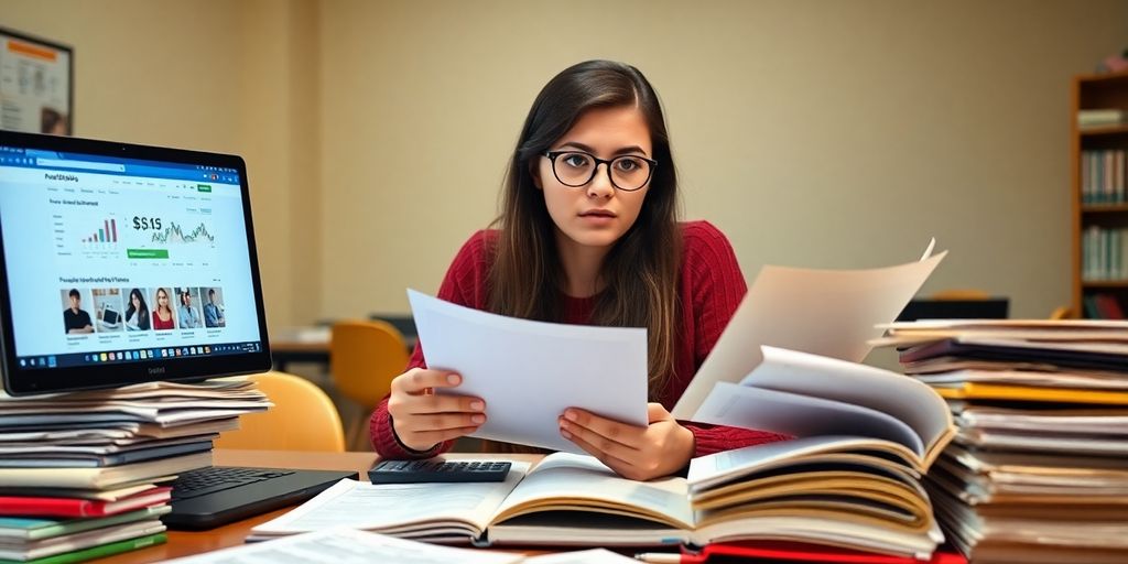 Student holding loan documents, looking confused.