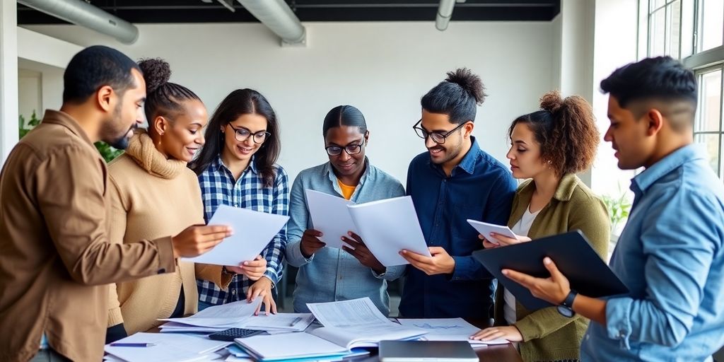 Group discussing finance in a bright office setting.