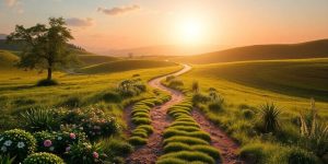 Winding path through a lush landscape towards a bright horizon.
