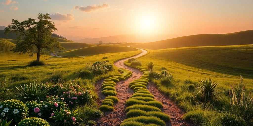 Winding path through a lush landscape towards a bright horizon.