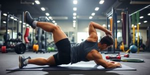 Person exercising on mat in a fitness gym setting.
