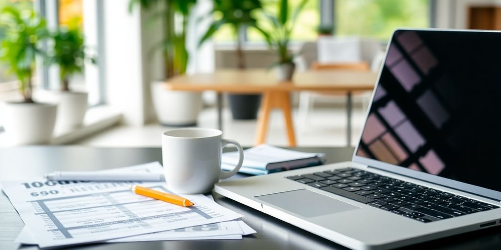 A workspace with a laptop and financial paperwork.
