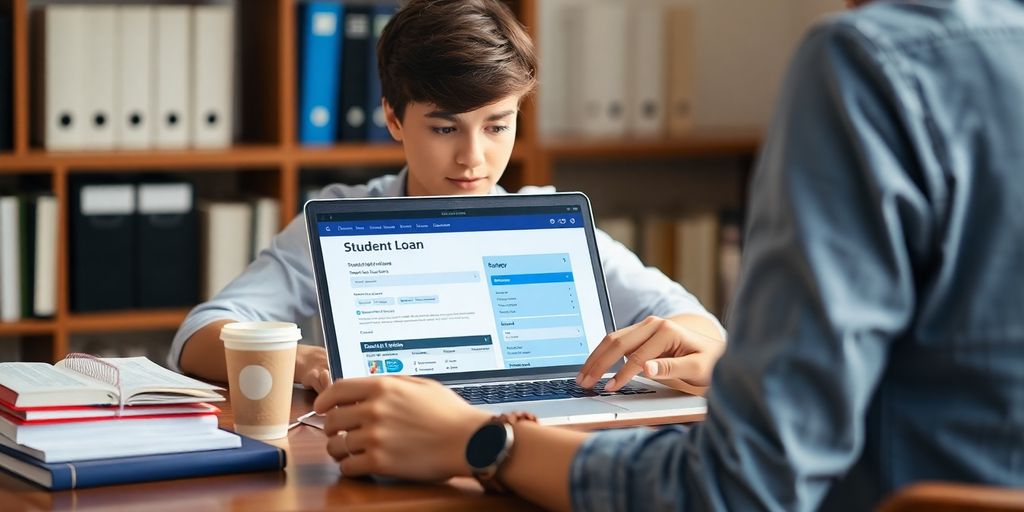 Student checking loan status on a laptop at desk.