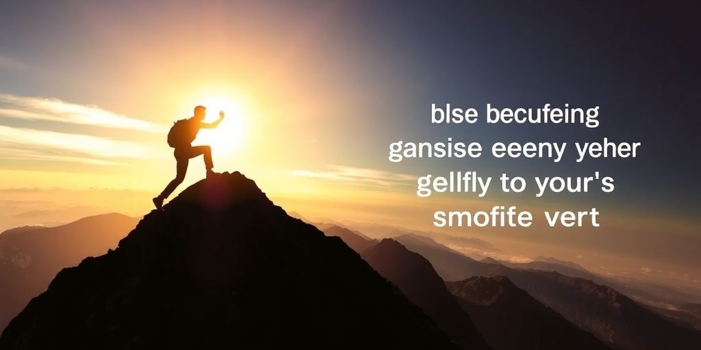 Person climbing mountain with sunrise in background.