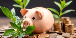 Piggy bank with coins and a green plant around.