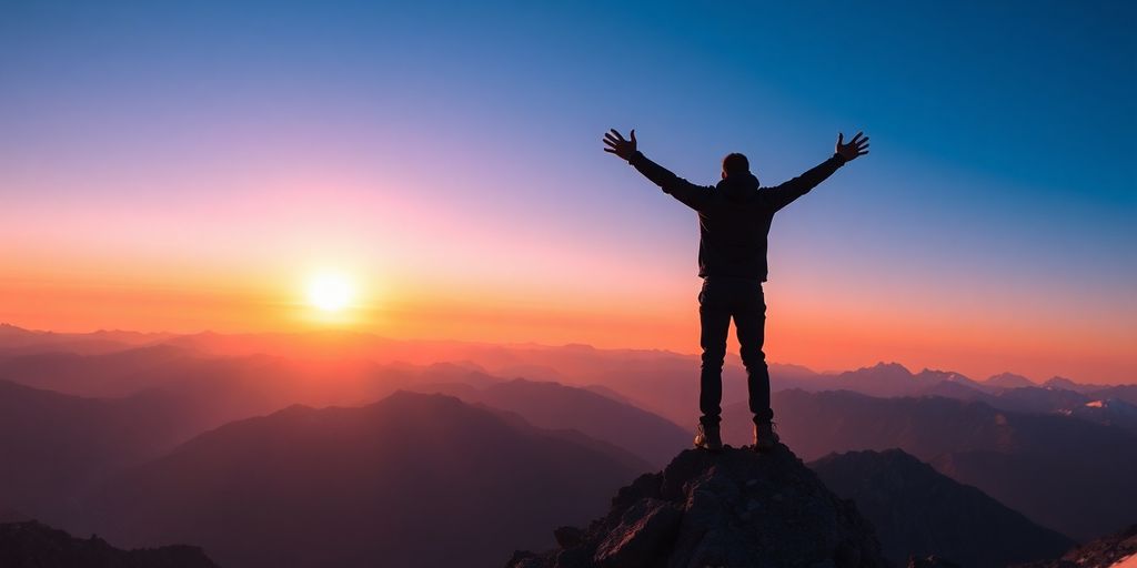 Climber reaching peak, sunrise.