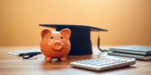 Piggy bank, graduation cap, and calculator