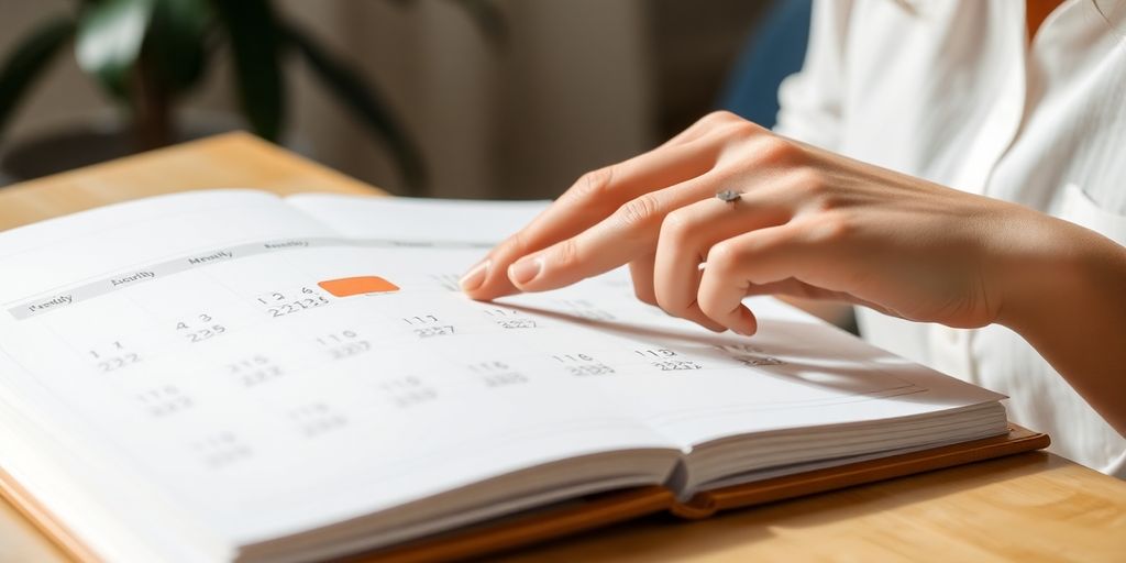 Woman looking at calendar, red mark