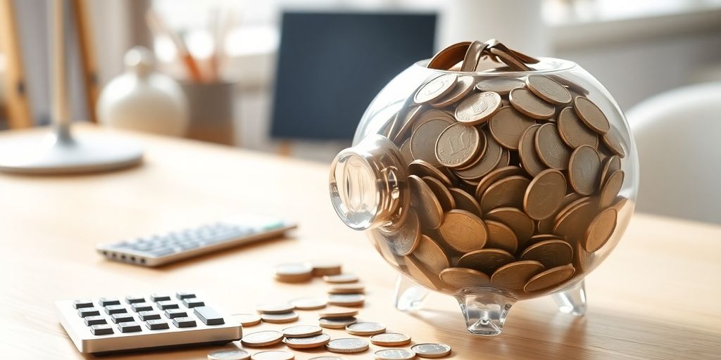 Piggy bank, coins, calculator on a desk.