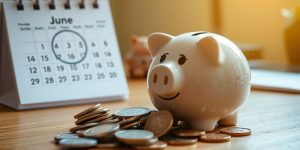 Piggy bank, coins, calendar, June 15 highlighted.