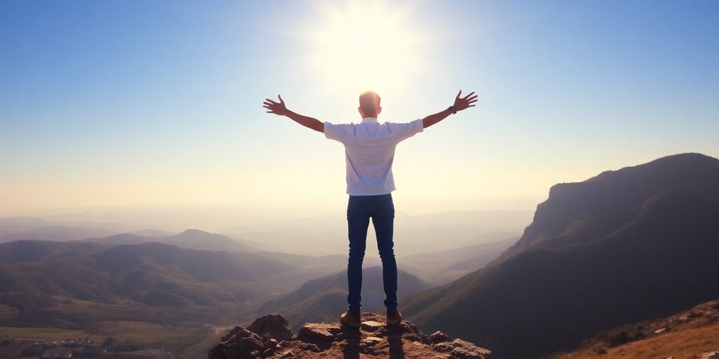 Person climbing mountain peak.