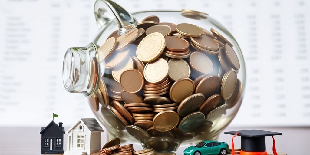 Piggy bank, coins, house, car, diploma