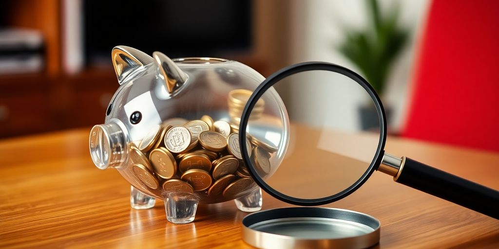 Piggy bank, coins, and a magnifying glass.