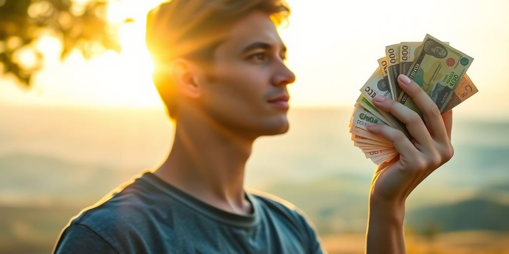 Person holding money, looking confidently into the distance.