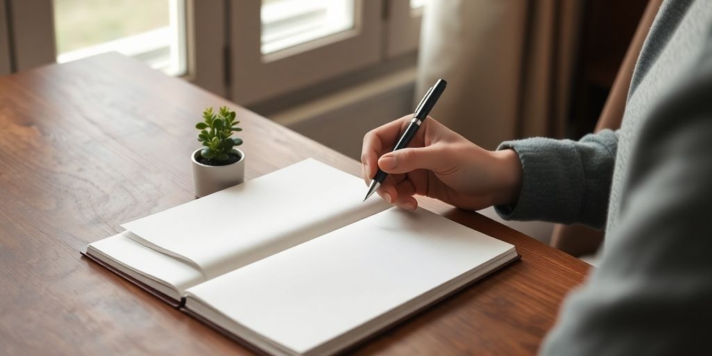 Writer at desk, open notebook, focused expression