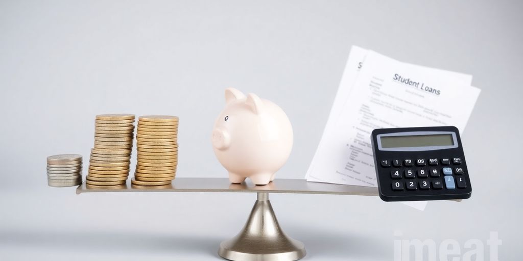Piggy bank, loan papers, money stack, balanced scales.
