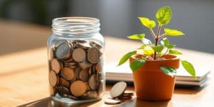 Coins and plants on a wooden table