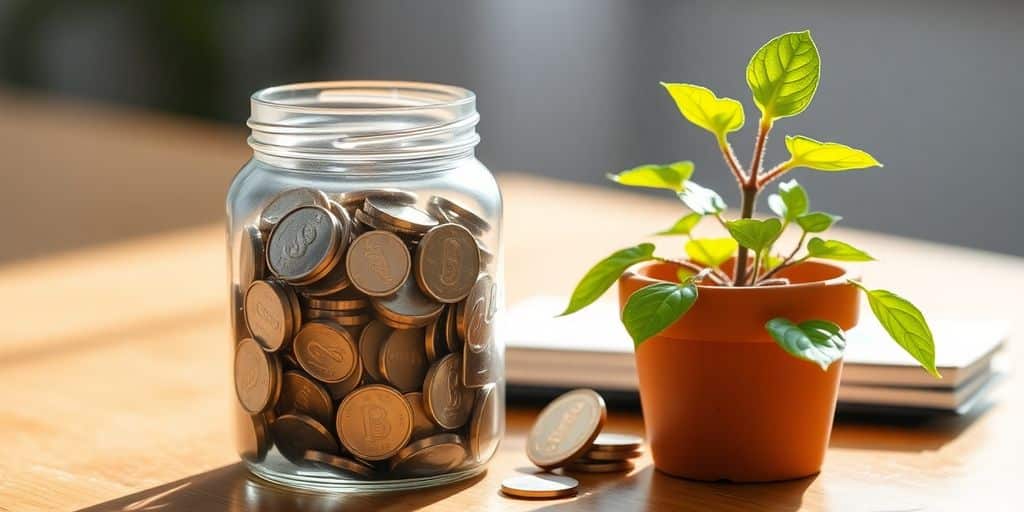 Coins and plants on a wooden table