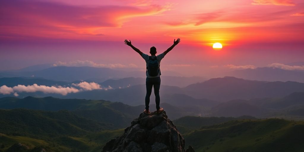 Person standing on mountain, arms raised, sun setting.