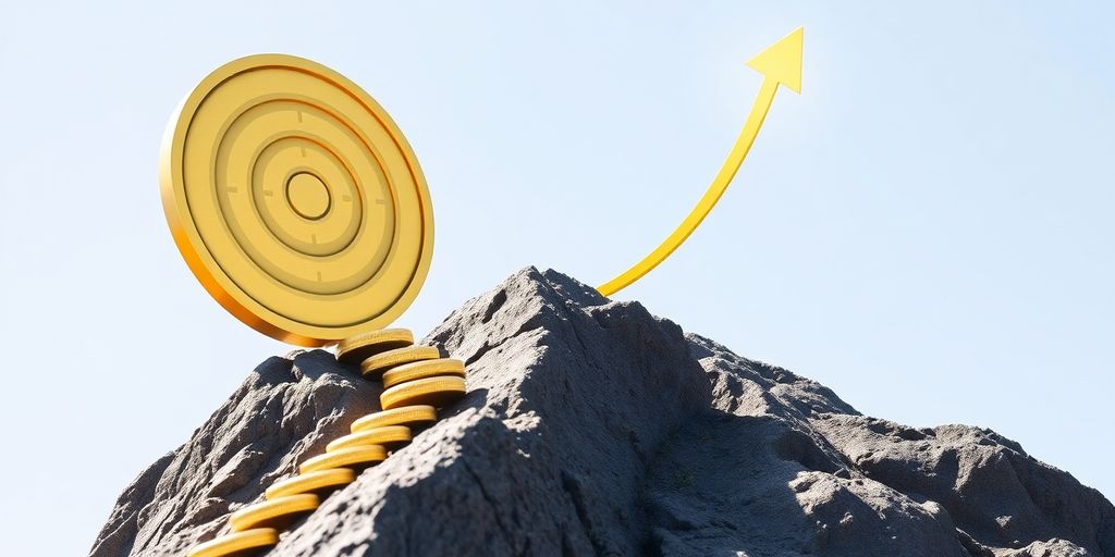 Target, mountain peak, coins, upward arrow