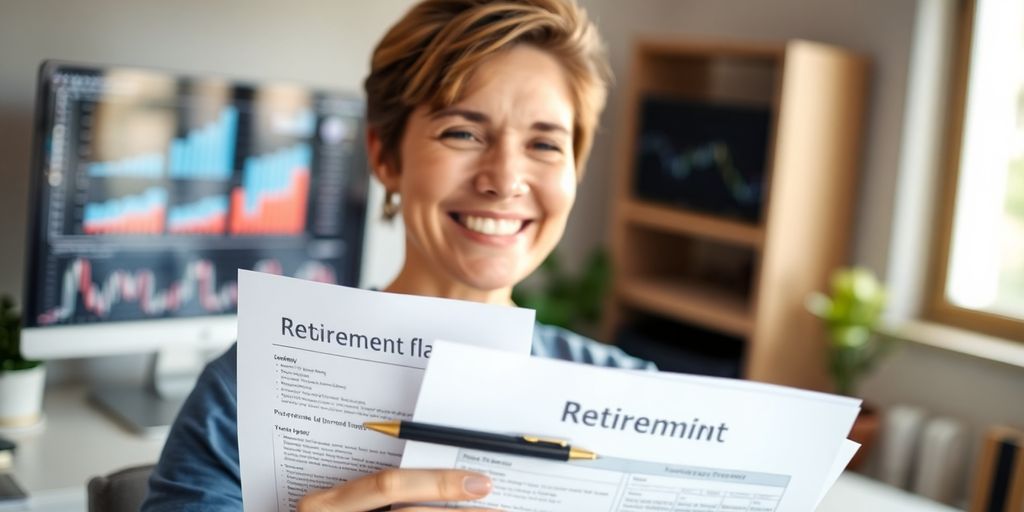 Person smiling, holding retirement plan papers