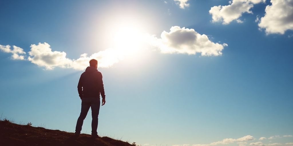 Person looking at a distant, bright horizon.