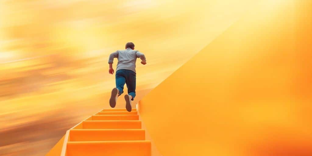 Person quickly climbing a vibrant, steep upward path.
