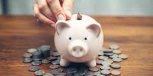 Piggy bank, coins, and a person's hands.