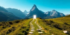 Path leading to glowing door on distant mountain.