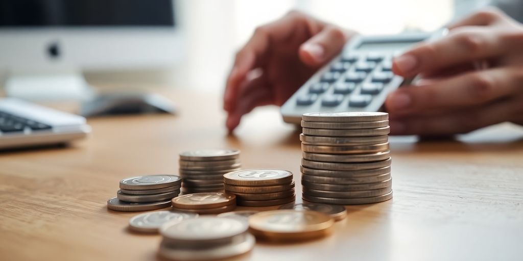 Coins stacked, hands holding calculator.