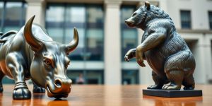 Bull and bear statues facing off