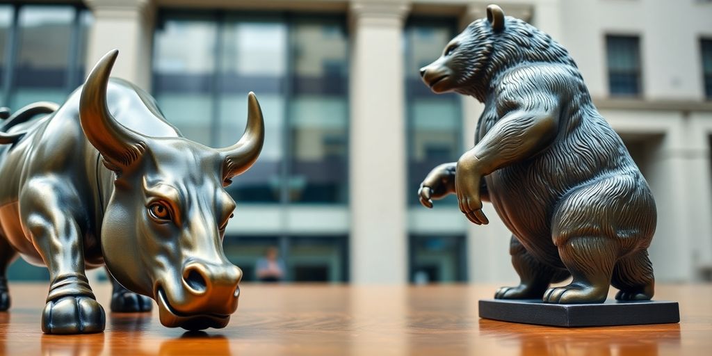 Bull and bear statues facing off